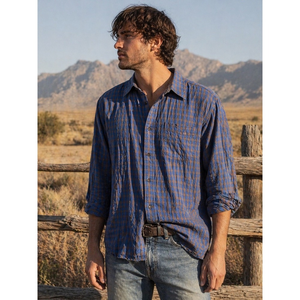Carbon2Cobalt Men XL Blue Brown Plaid Textured Cotton Button Up Shirt Long Sleev